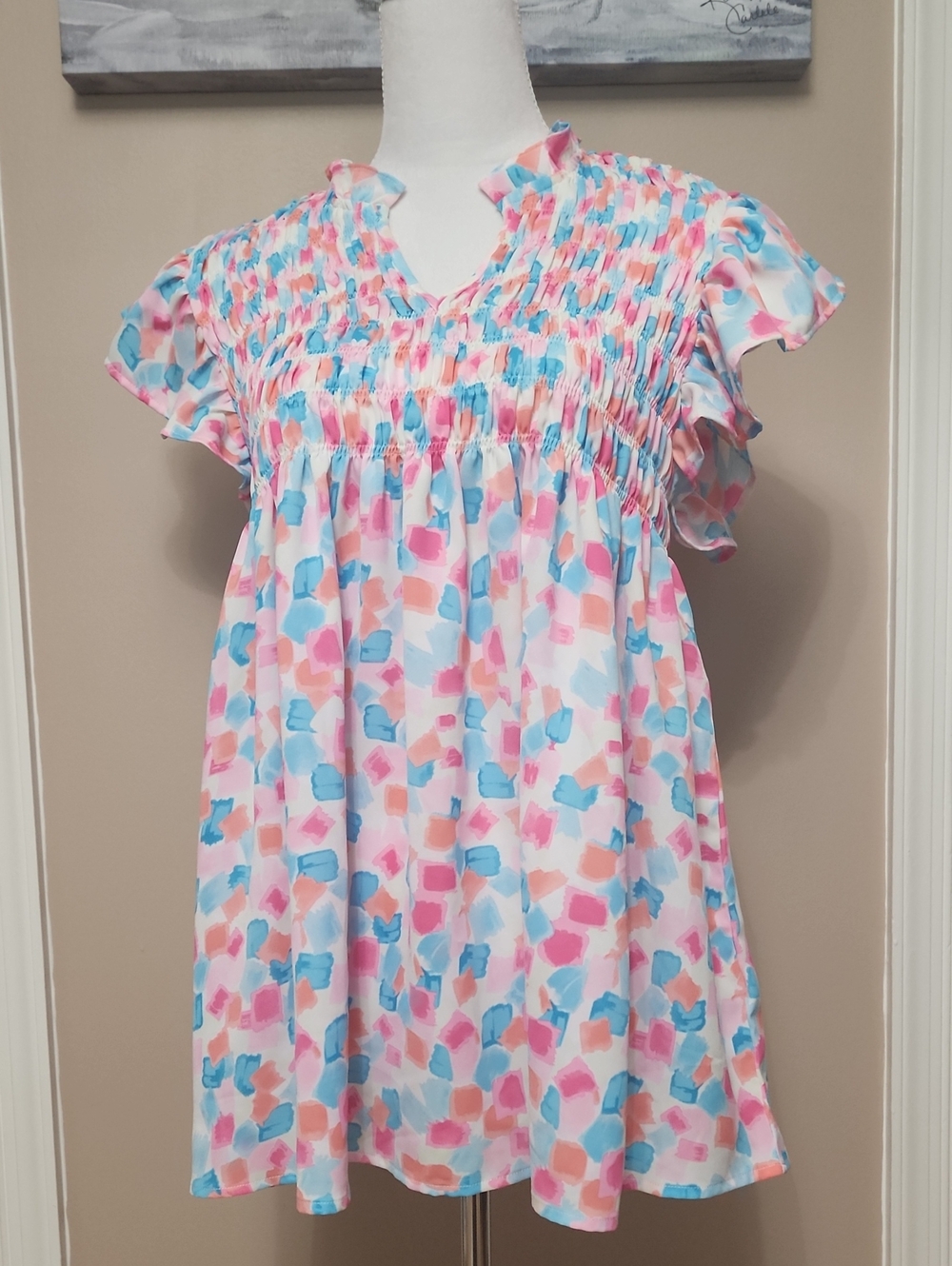 Womens Pink & Blue Smocked Flutter-Sleeve Dress